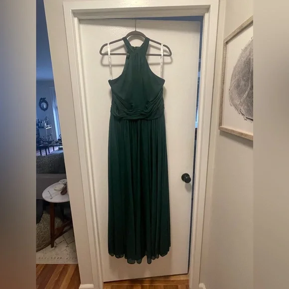 asos champagne bridesmaid dresses Elegant Halter Hunter Green Satin Ruffle V-Neck Maxi Dress L / Hunter Green
